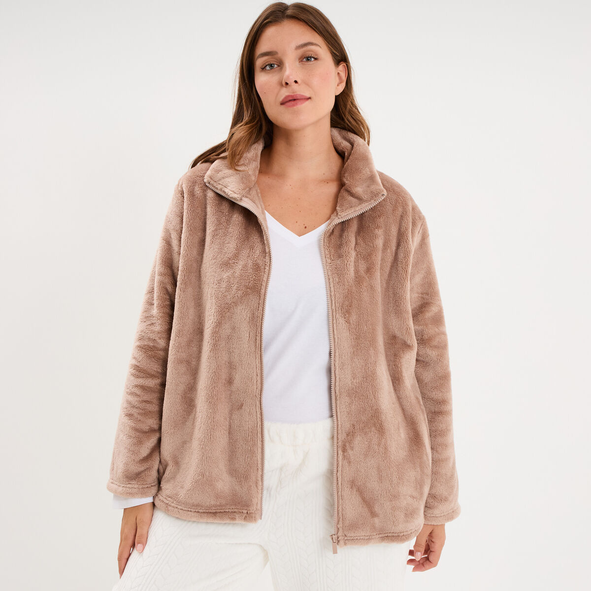 Veste pyjama effet polaire col montant beige femme grande taille