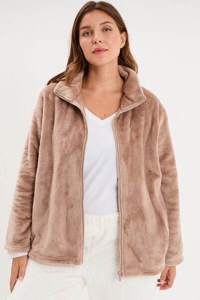 Veste pyjama effet polaire col montant beige femme grande taille