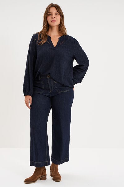 Blouse manches longues broderie anglaise bleu fonc&eacute; femme grande taille
