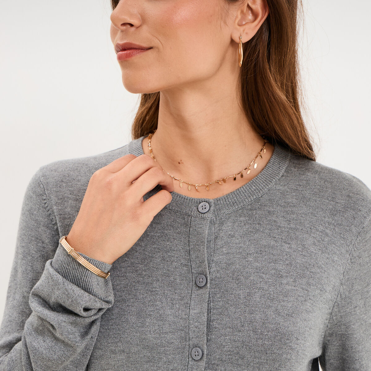 Gilet col rond manches longues gris femme