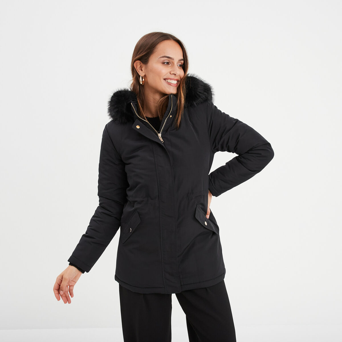 Parka avec capuche fourrure amovible noir femme