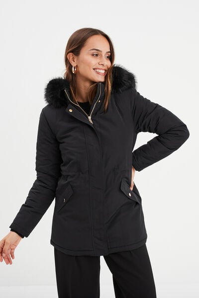 Parka avec capuche fourrure amovible noir femme