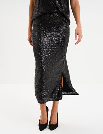 Jupe longue &agrave; sequins noir femme