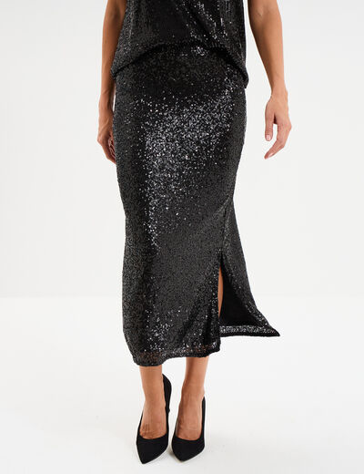 Jupe longue &agrave; sequins noir femme