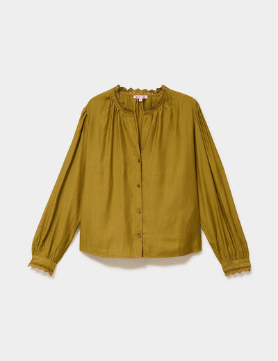 Blouse col montant dentelle vert olive femme