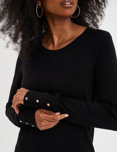 Pull col rond boutons aux poignets noir femme