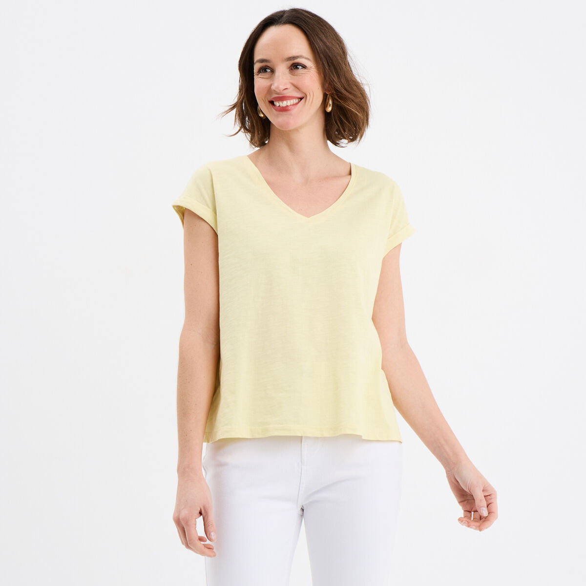 T-shirt dos dentelle brod&eacute;e coton jaune clair femme