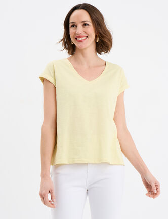 T-shirt dos dentelle brod&eacute;e coton jaune clair femme