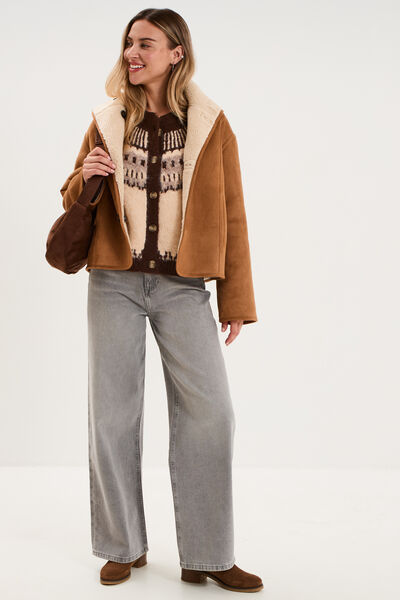 Gilet col rond manches longues beige femme