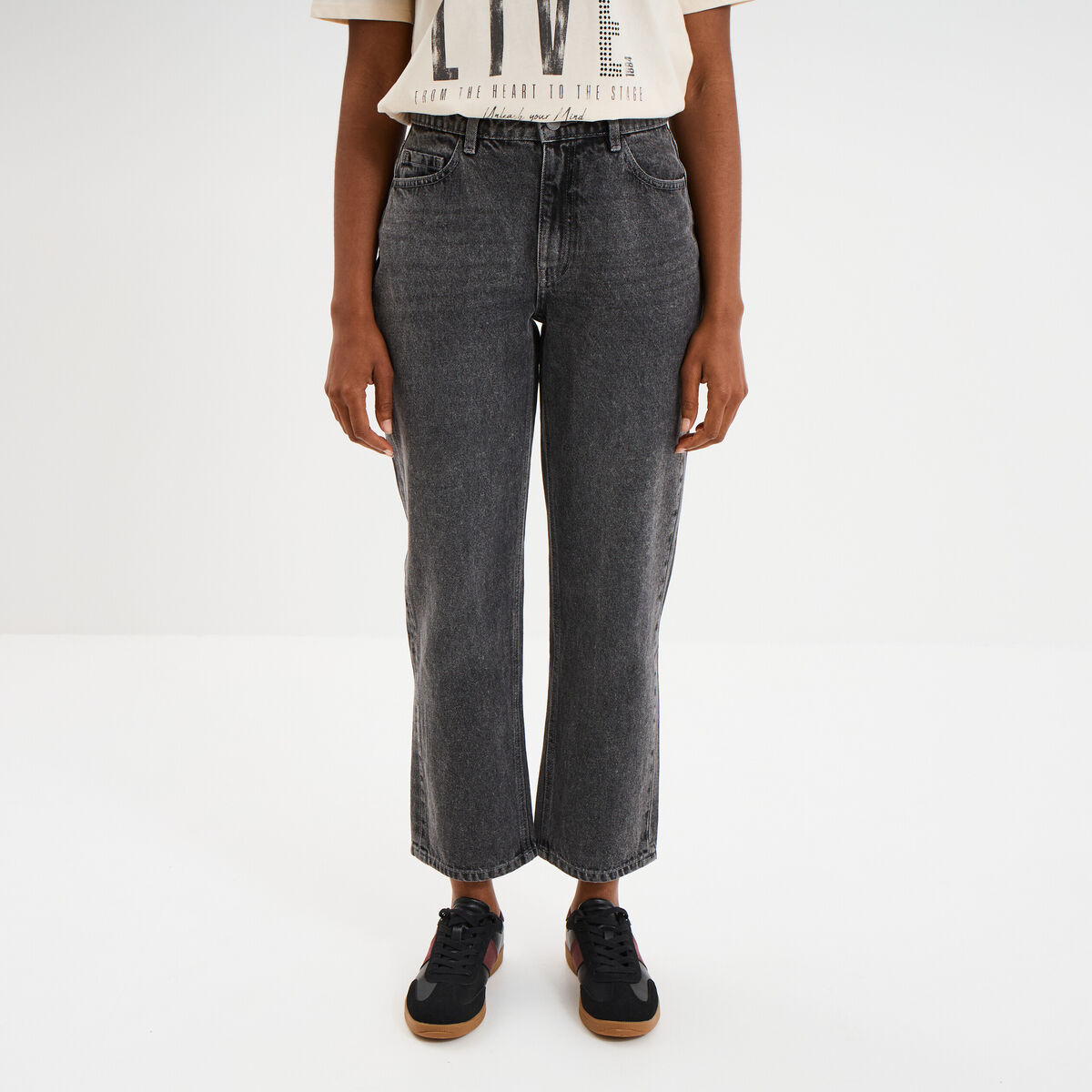 Jeans droit 7/8ème coton denim gris femme