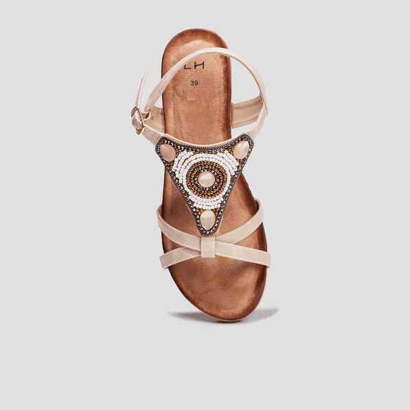 Sandales compensées bijoux et perles sable femme