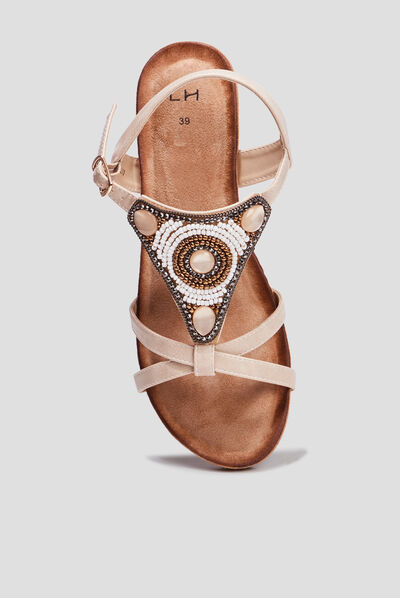 Sandales compensées bijoux et perles sable femme