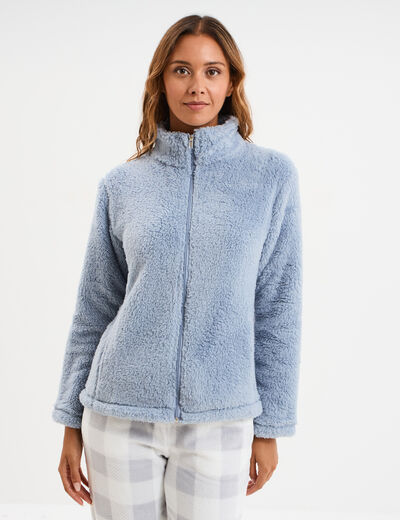 Veste effet polaire col montant bleu gris femme