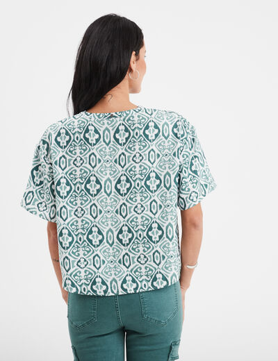 Blouse manches courtes détail noeud vert foncé femme