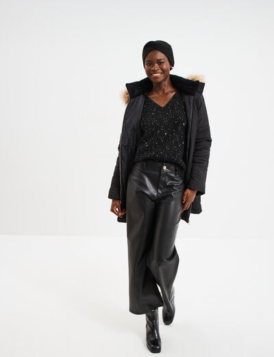 Pull col V &agrave; paillettes et sequins noir femme