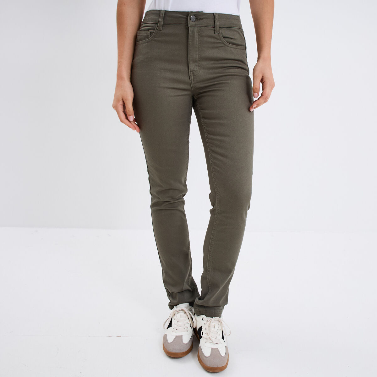 Pantalon slim stretch vert kaki femme