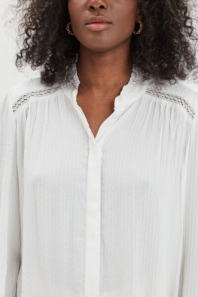 Chemise col mao à plumetis blanc femme