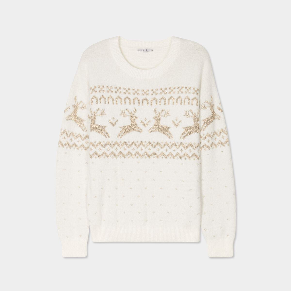 Pull Noël col rond manches longues blanc femme