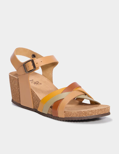 Sandales compens&eacute;es cuir avec brides marron femme