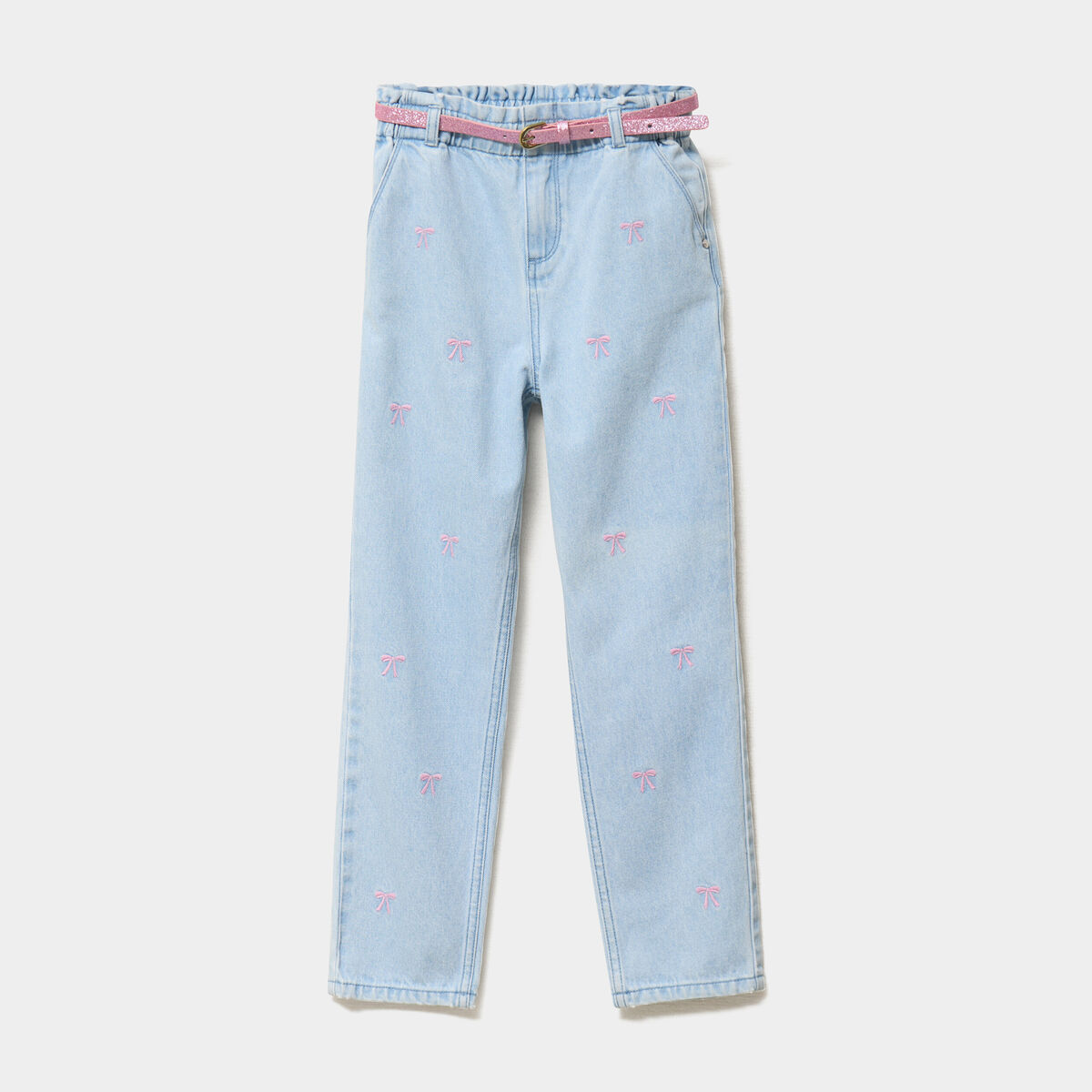 Jean mom brodé avec ceinture denim triple stone fille