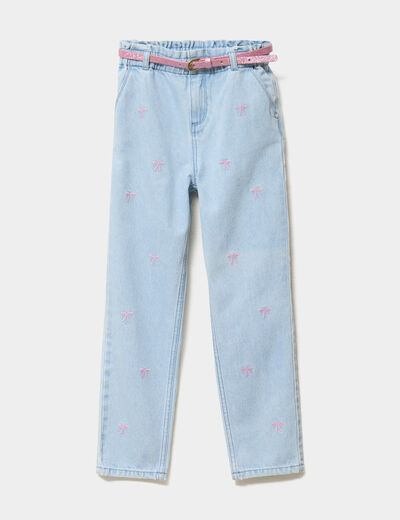 Jean mom brodé avec ceinture denim triple stone fille