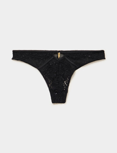 Tanga en dentelle avec strass noir femme