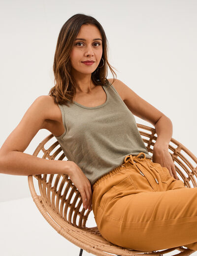 D&eacute;bardeur col rond m&eacute;lange lin vert kaki femme