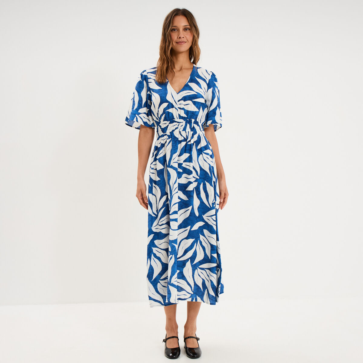 Robe longue col V taille &eacute;lastiqu&eacute;e bleu marine femme