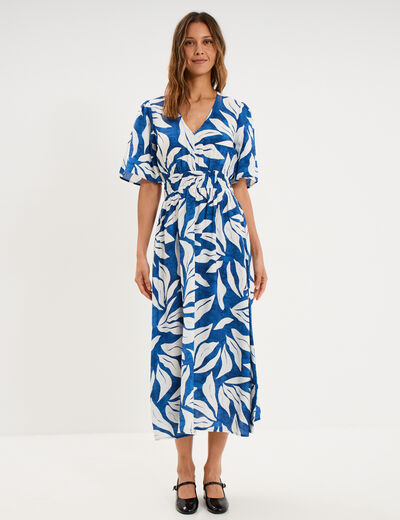 Robe longue col V taille &eacute;lastiqu&eacute;e bleu marine femme