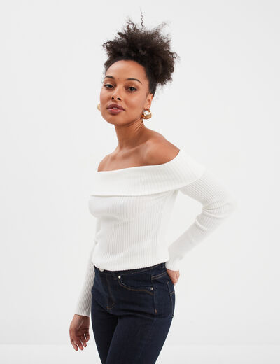 Pull côtelé col bardot manches longues blanc femme