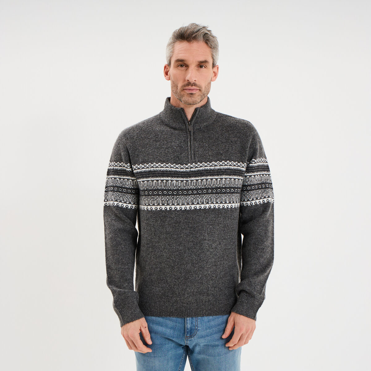 Pull camionneur jacquard manches longues gris fonc&eacute; homme
