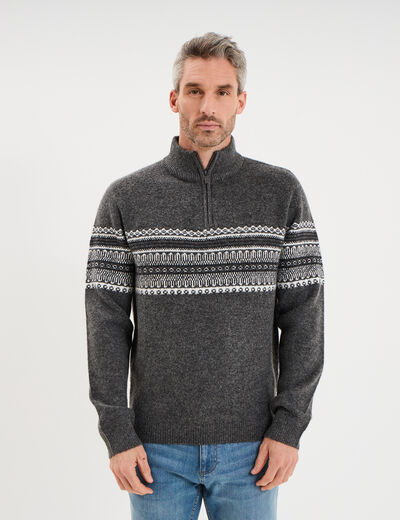 Pull camionneur jacquard manches longues gris fonc&eacute; homme
