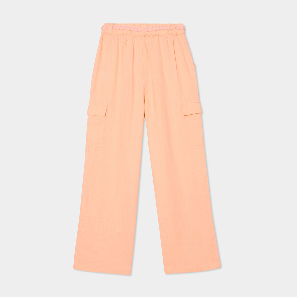 Pantalon large lin mélangé ceinturé rose saumon fille