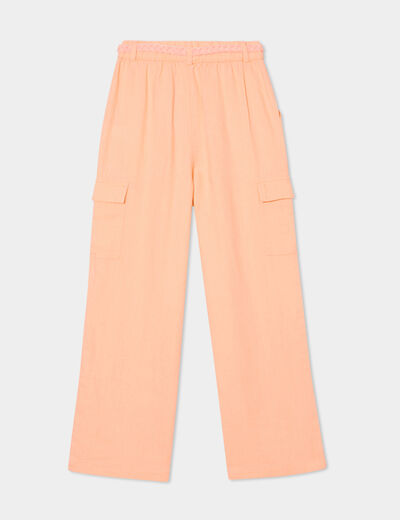 Pantalon large lin mélangé ceinturé rose saumon fille