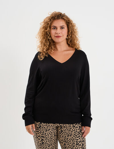 Pull fin col en V manches longues noir femme grande taille