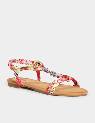 Sandales foulard et perles &eacute;lastiqu&eacute;es rouge femme
