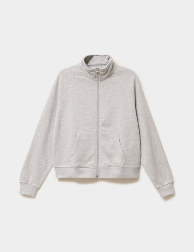 Sweat zipp&eacute; molleton col montant gris clair femme