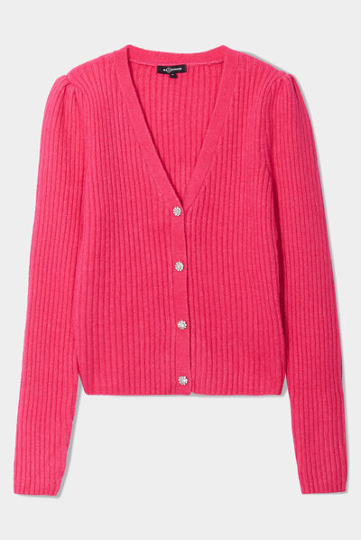 Gilet côtelé col en V boutons bijoux rose fushia femme