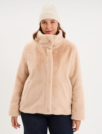 Veste fausse fourrure col montant beige femme grande taille