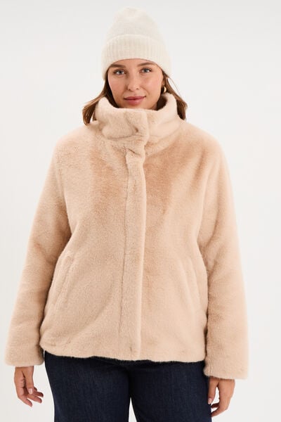 Veste fausse fourrure col montant beige femme grande taille
