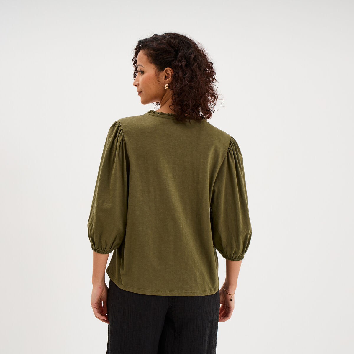 Blouse col tunisien brod&eacute; coton vert kaki femme