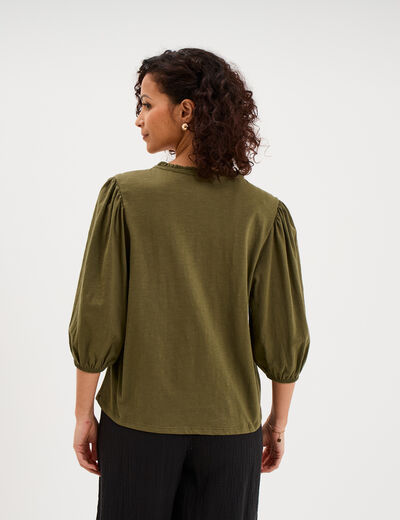 Blouse col tunisien brod&eacute; coton vert kaki femme