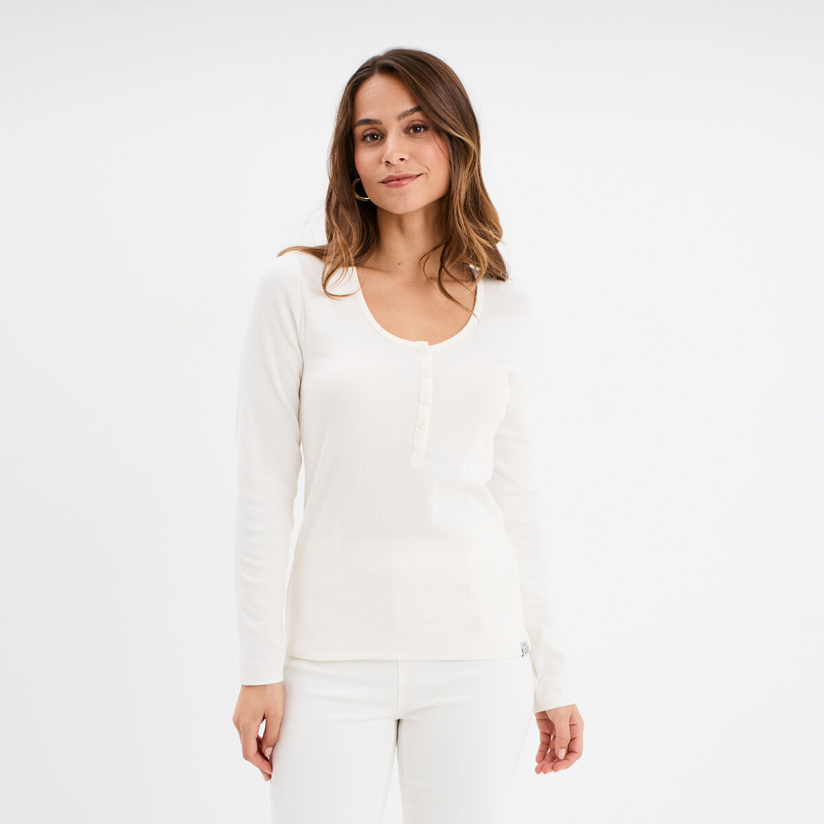 T-shirt ajusté col tunisien jersey coton blanc femme