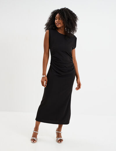 Robe longue fronc&eacute;e sans manches noir femme