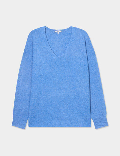 Pull col en V manches longues bleu femme