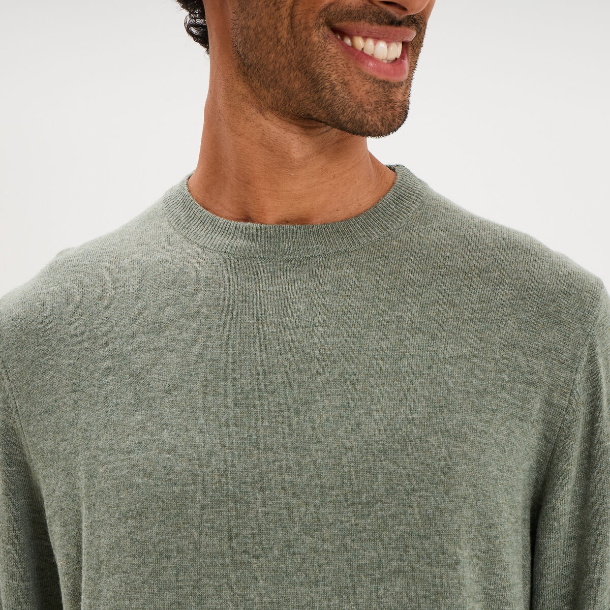 Pull col rond manches longues vert kaki homme
