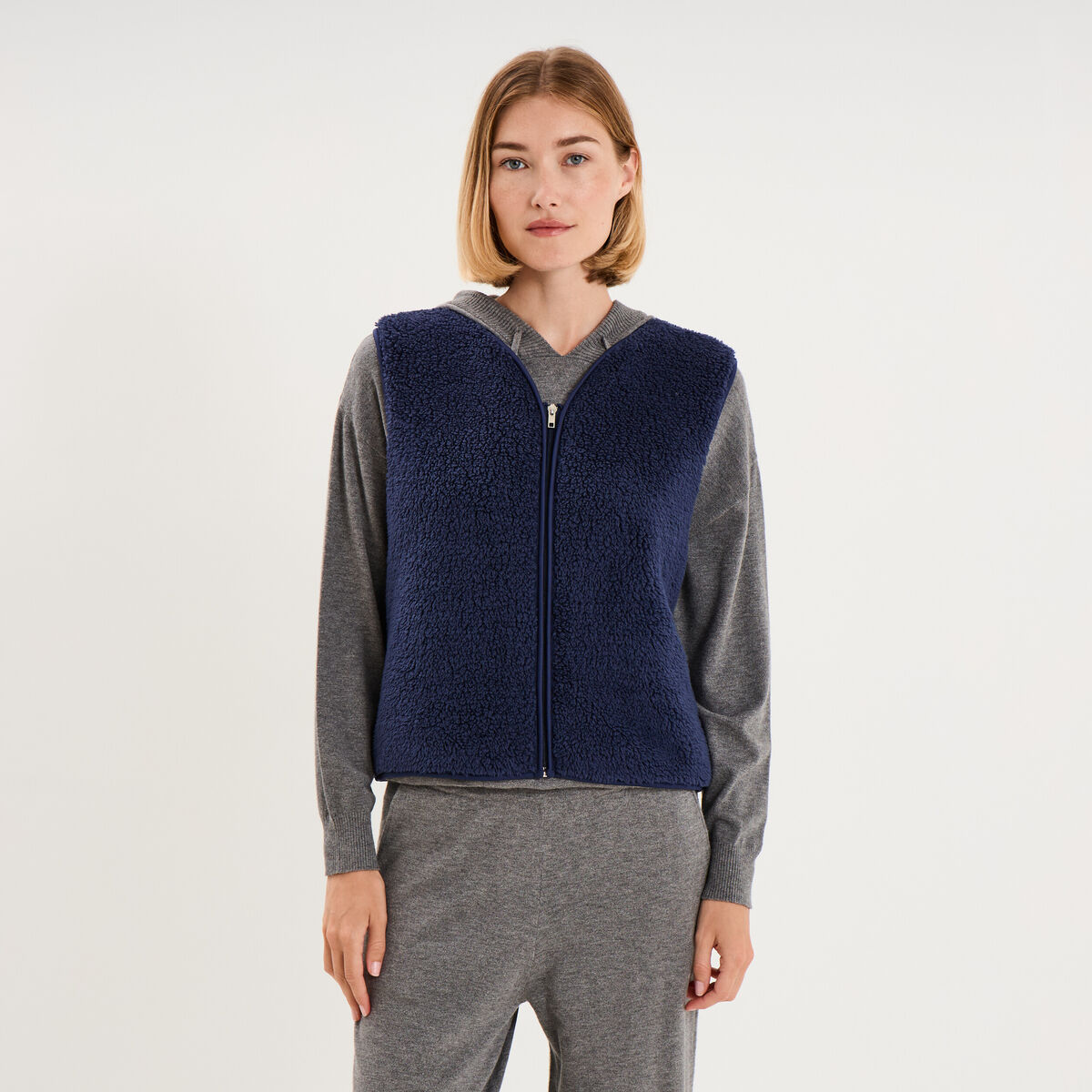 Gilet sans manches effet sherpa zipp&eacute; bleu marine femme