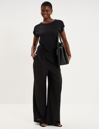 Pantalon large &agrave; pinces taille haute noir femme