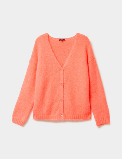 Gilet col en V manches longues rose fluo femme