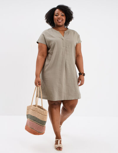 Robe droite genou col tunisien vert kaki femme grande taille